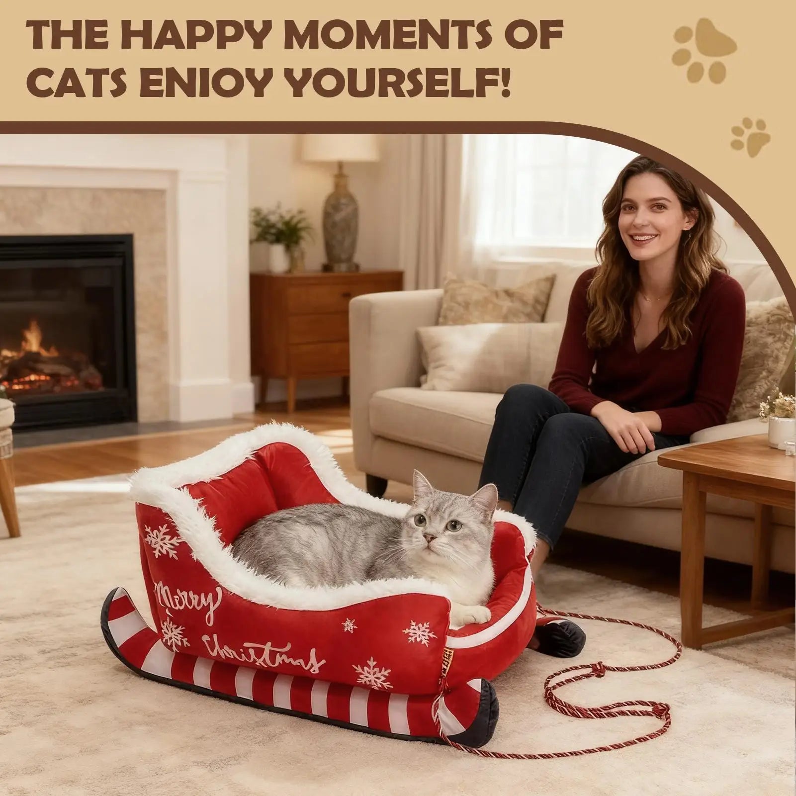 Christmas Pet Sofa Bed - Sleigh Design Cat Dog Bed with Removable Frame, Winter Warm Plush Cushion for Small Medium Pets