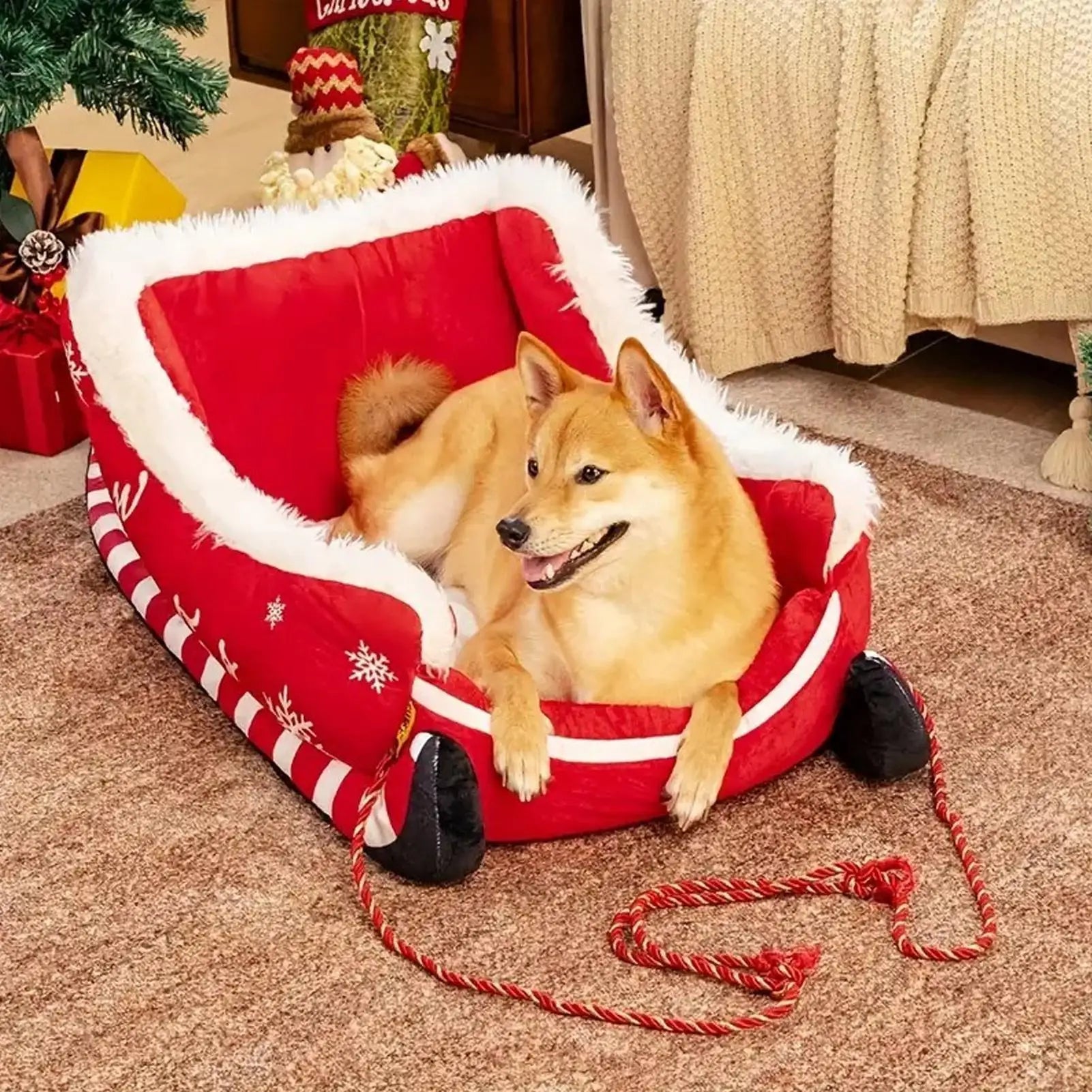 Christmas Pet Sofa Bed - Sleigh Design Cat Dog Bed with Removable Frame, Winter Warm Plush Cushion for Small Medium Pets