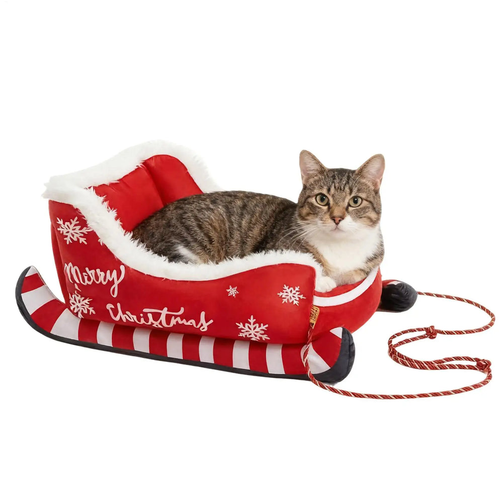 Christmas Pet Sofa Bed - Sleigh Design Cat Dog Bed with Removable Frame, Winter Warm Plush Cushion for Small Medium Pets