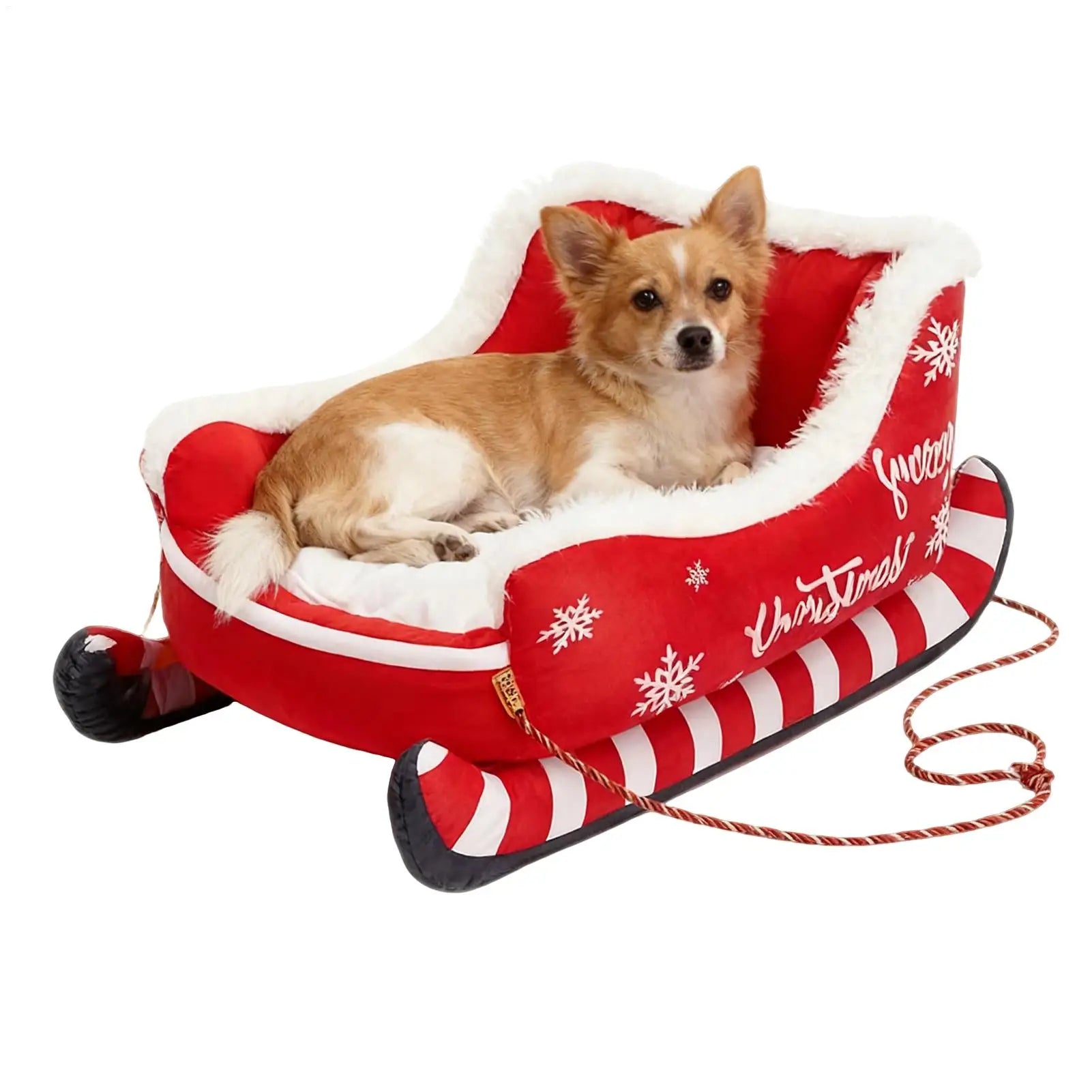 Christmas Pet Sofa Bed - Sleigh Design Cat Dog Bed with Removable Frame, Winter Warm Plush Cushion for Small Medium Pets