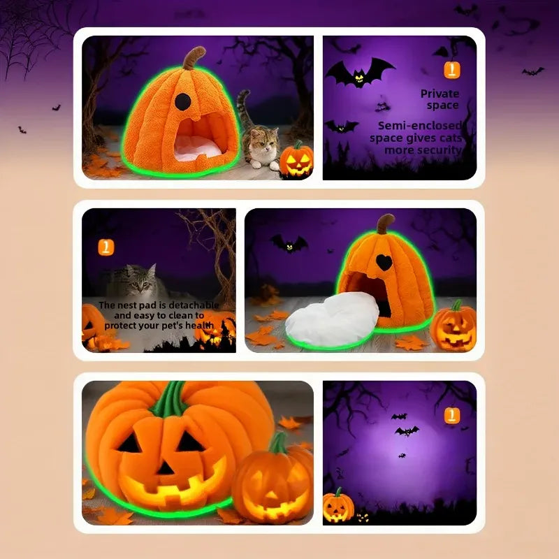 Christmas Pumpkin Pet Bed – Warm Winter Cat & Dog House with Removable Cushion