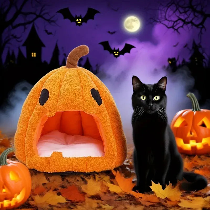 Christmas Pumpkin Pet Bed – Warm Winter Cat & Dog House with Removable Cushion