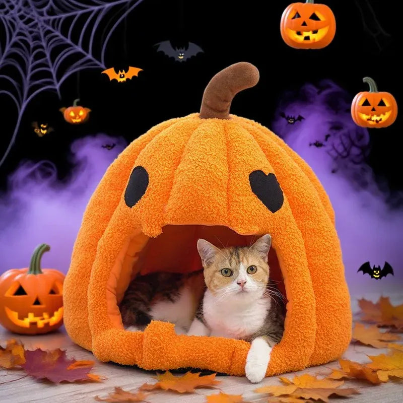 Christmas Pumpkin Pet Bed – Warm Winter Cat & Dog House with Removable Cushion