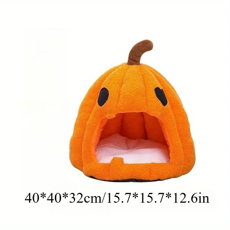 Christmas Pumpkin Pet Bed – Warm Winter Cat & Dog House with Removable Cushion