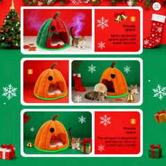 Christmas Pumpkin Pet Bed – Warm Winter Cat & Dog House with Removable Cushion
