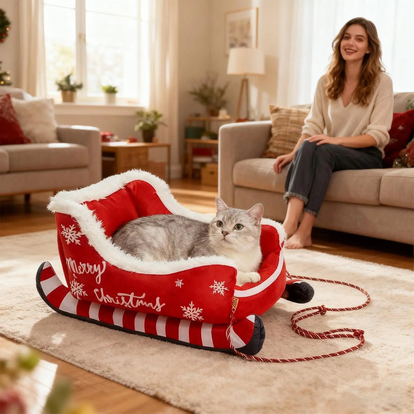 Christmas Sleigh Pet Bed – Warm Washable Dog & Cat Cushion with Non-Slip Base