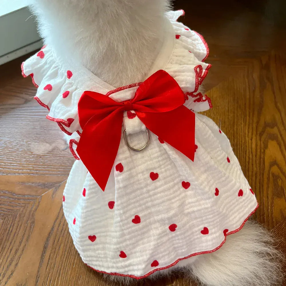 Cute Heart Print Pet Dress – Spring & Summer Cotton Outfit for Dogs & Cats | Lightweight Puppy Clothes for Small Pets