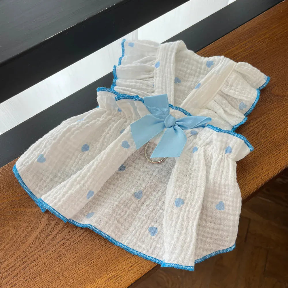 Cute Heart Print Pet Dress – Spring & Summer Cotton Outfit for Dogs & Cats | Lightweight Puppy Clothes for Small Pets