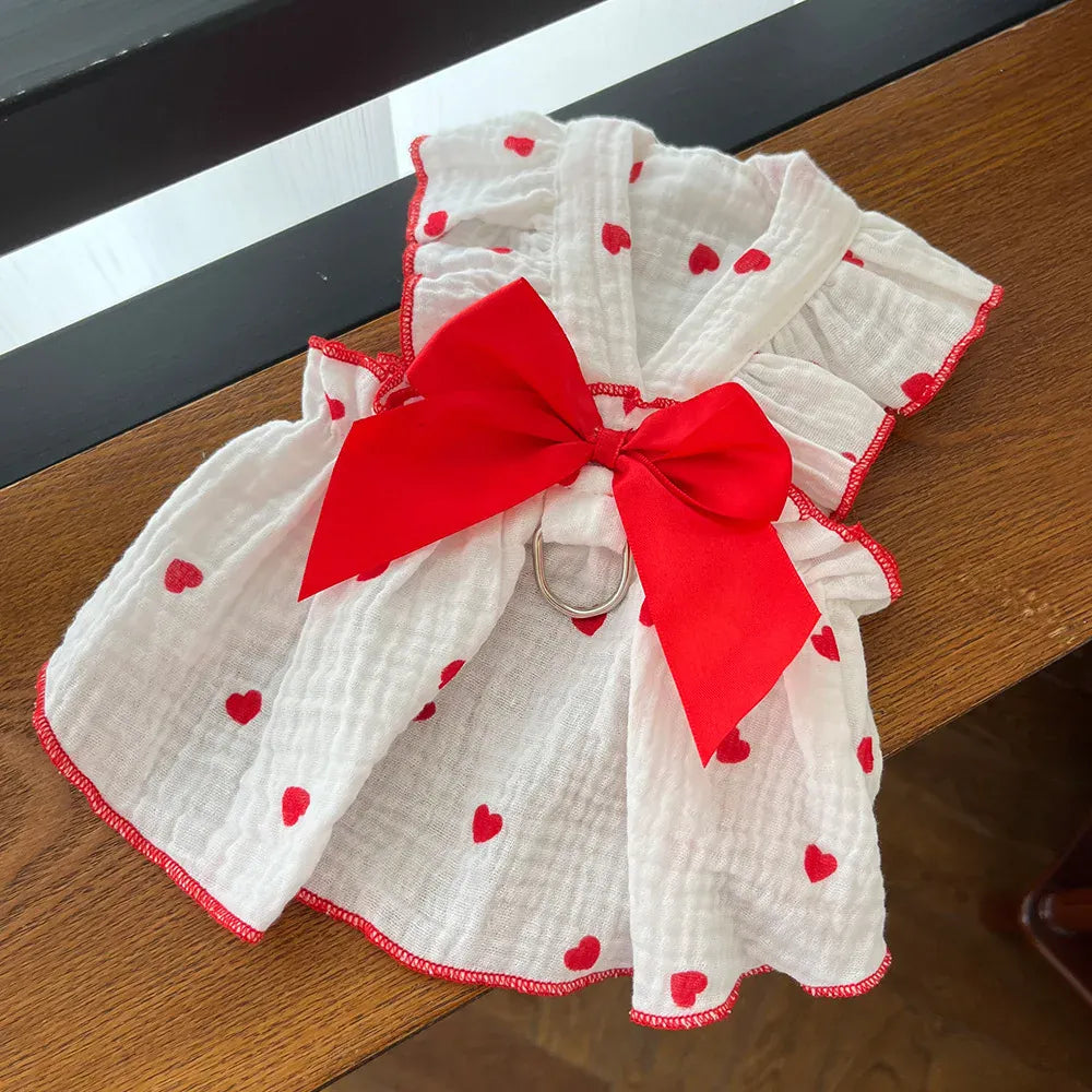 Cute Heart Print Pet Dress – Spring & Summer Cotton Outfit for Dogs & Cats | Lightweight Puppy Clothes for Small Pets