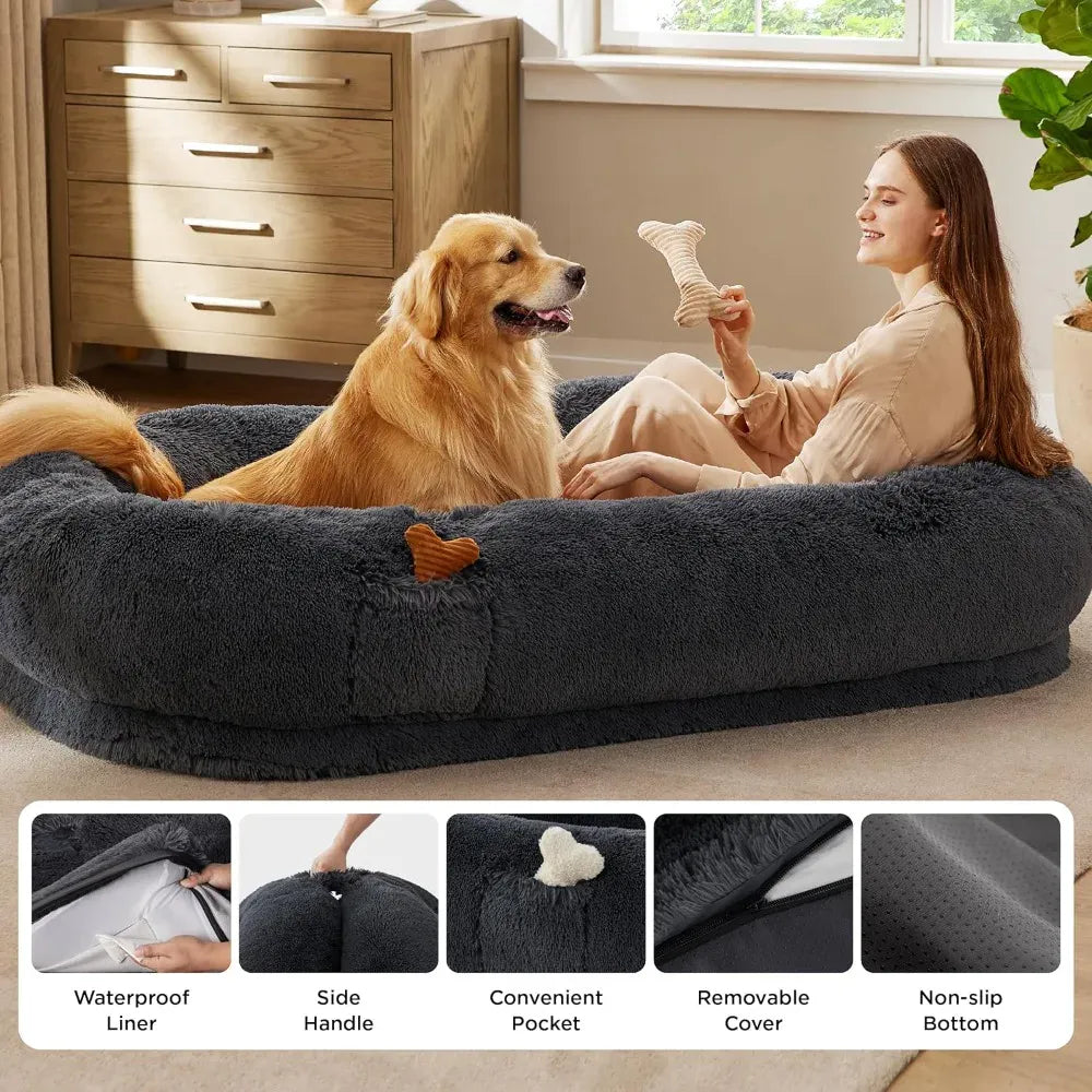 DAFIFY Human Dog Bed for Adults - Giant 71x44 Inch Calming Couch with Orthopedic Support & Storage Pocket, Washable Cover, Fits People and Pets