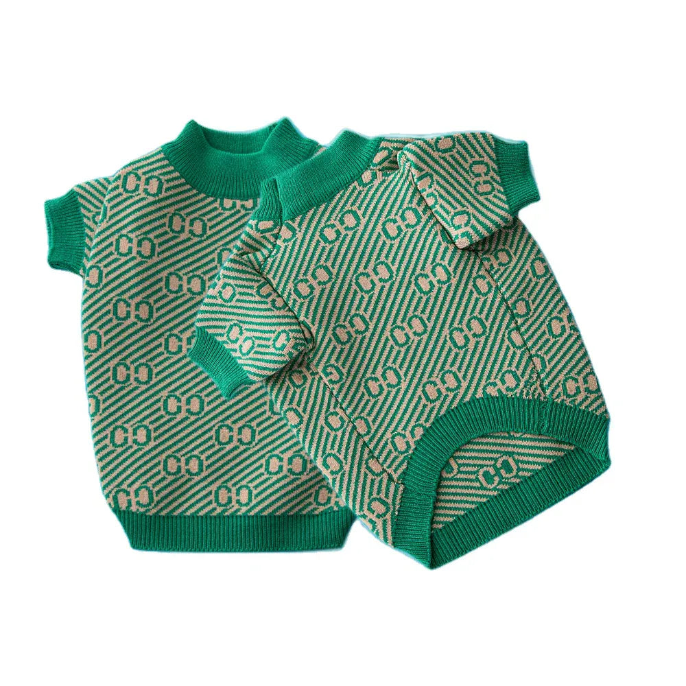 Designer Dog Sweater - Luxury Winter Warm Pet Apparel in Green & Pink