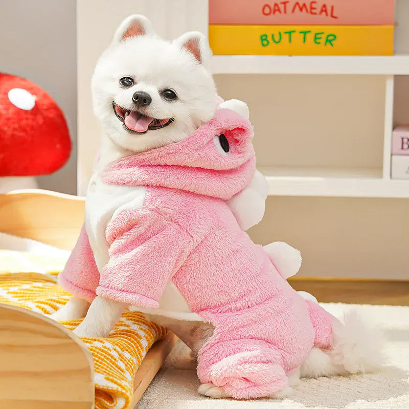 Dinosaur Transforming Dog Clothes - Flannel Winter Jumpsuit with Fun Costume Design