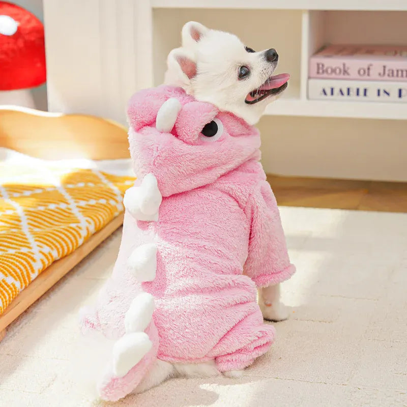 Dinosaur Transforming Dog Clothes - Flannel Winter Jumpsuit with Fun Costume Design