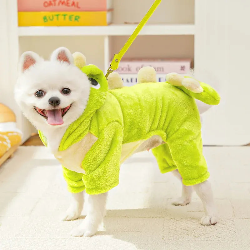 Dinosaur Transforming Dog Clothes - Flannel Winter Jumpsuit with Fun Costume Design