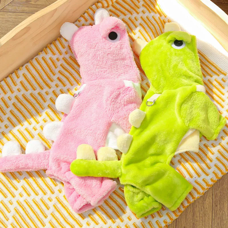 Dinosaur Transforming Dog Clothes - Flannel Winter Jumpsuit with Fun Costume Design
