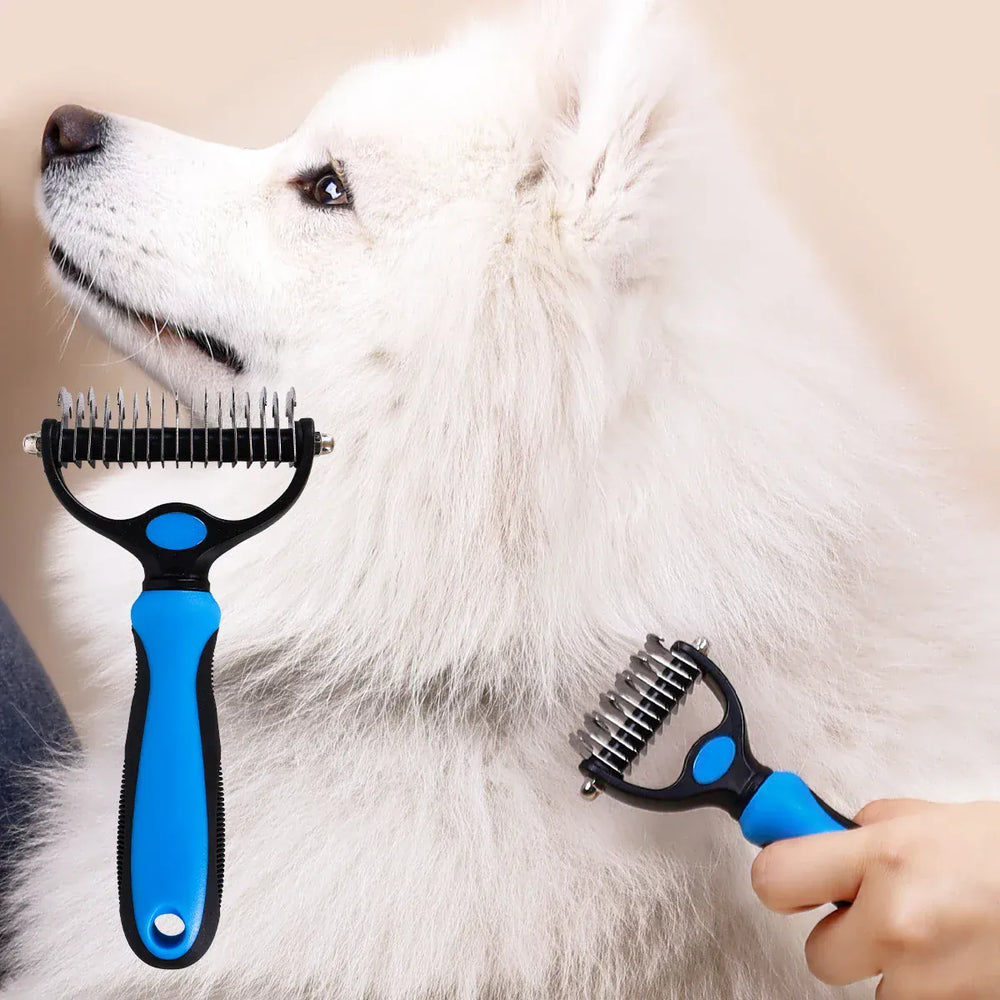 Double Sided Pet Grooming Brush - Stainless Steel Shedding & Dematting Undercoat Rake for Dogs and Cats