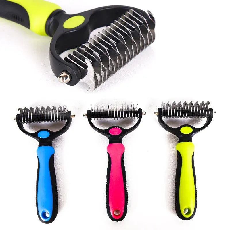 Double Sided Pet Grooming Brush - Stainless Steel Shedding & Dematting Undercoat Rake for Dogs and Cats