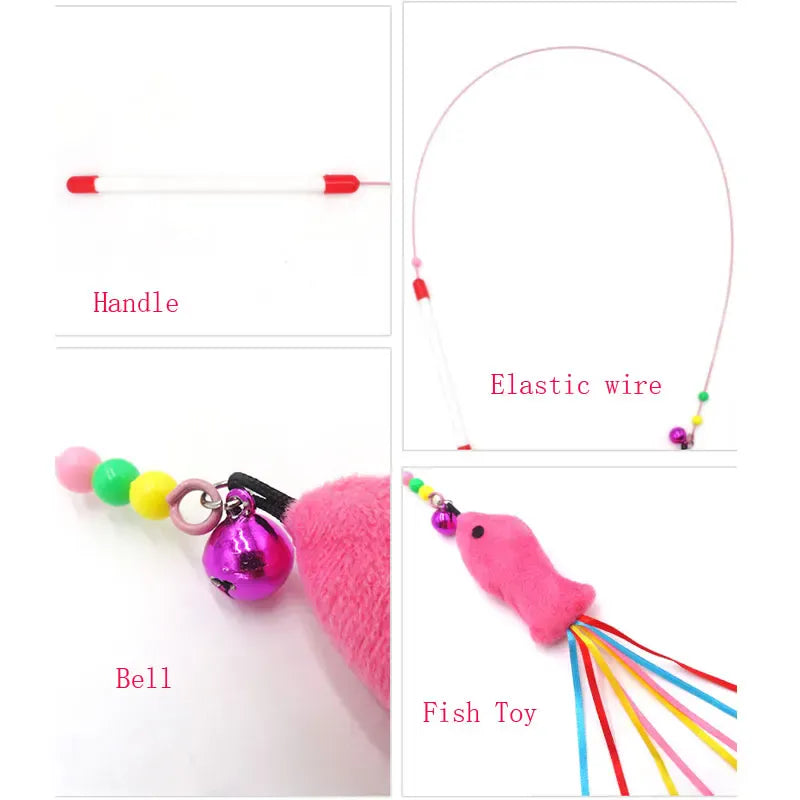 Elastic Cat Teaser Wand Toy | Interactive Plush Fish Stick | Funny Kitten Play Toy