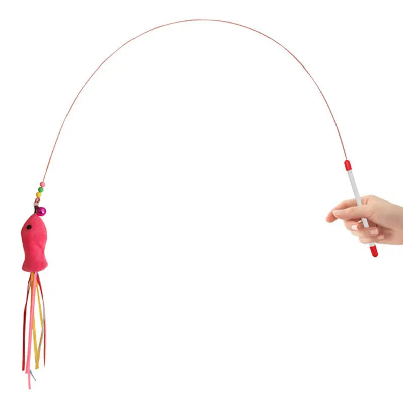 Elastic Cat Teaser Wand Toy | Interactive Plush Fish Stick | Funny Kitten Play Toy