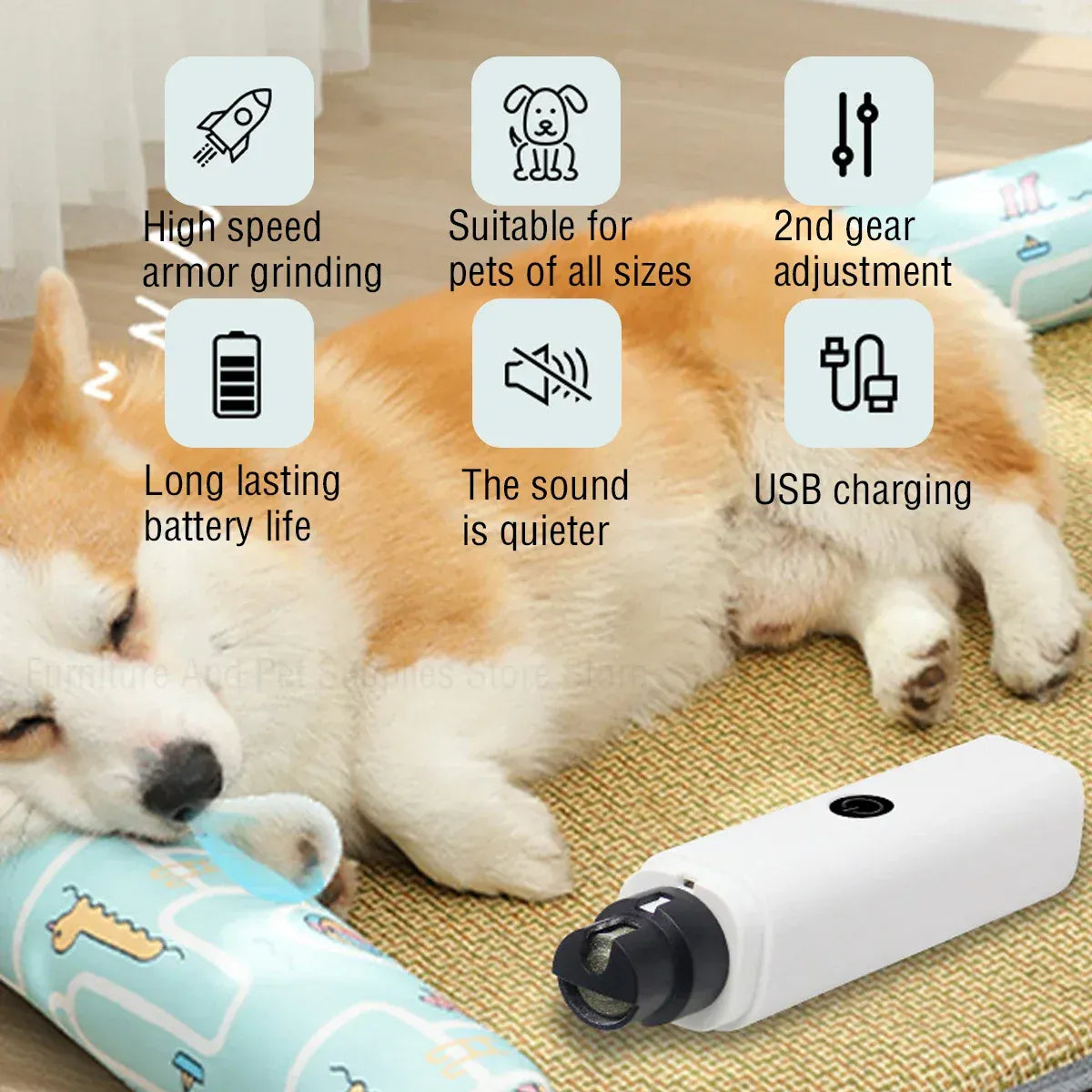 Electric Pet Nail Grinder - Rechargeable USB Dog & Cat Nail Clipper with LED Light, 2 Speeds & 3 Grinding Heads, Quiet Paws Grooming Tool