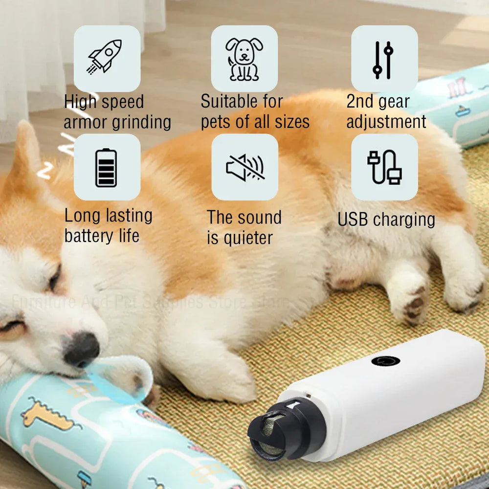Electric Pet Nail Grinder - Rechargeable USB Dog & Cat Nail Clipper with LED Light, 2 Speeds & 3 Grinding Heads, Quiet Paws Grooming Tool