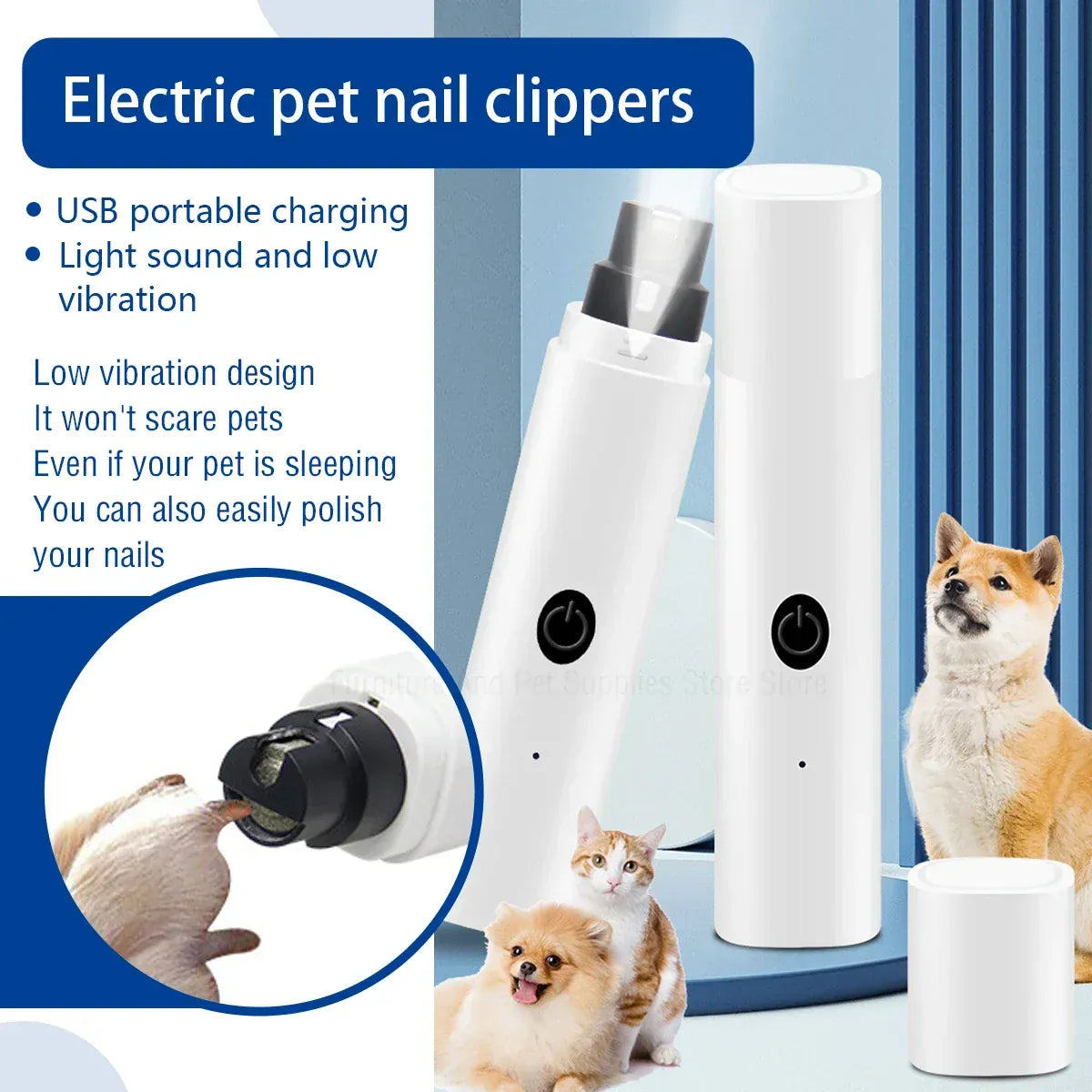 Electric Pet Nail Grinder - Rechargeable USB Dog & Cat Nail Clipper with LED Light, 2 Speeds & 3 Grinding Heads, Quiet Paws Grooming Tool