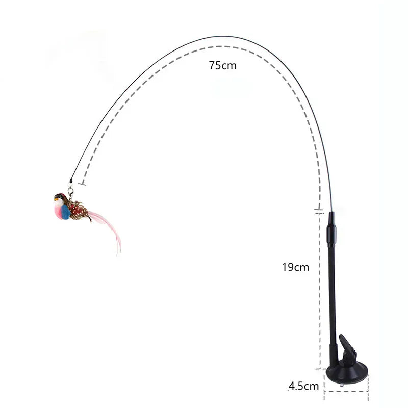 Feather Teaser Stick for Cats - Suction Cup Mount Interactive Bird Toy Safe