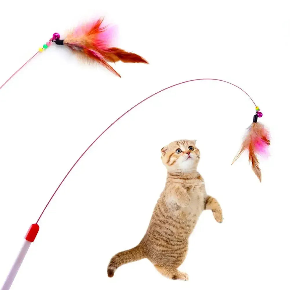 Feather Teaser Wand Toy - Interactive Cat Toy with Bell Fish Plush Attachment