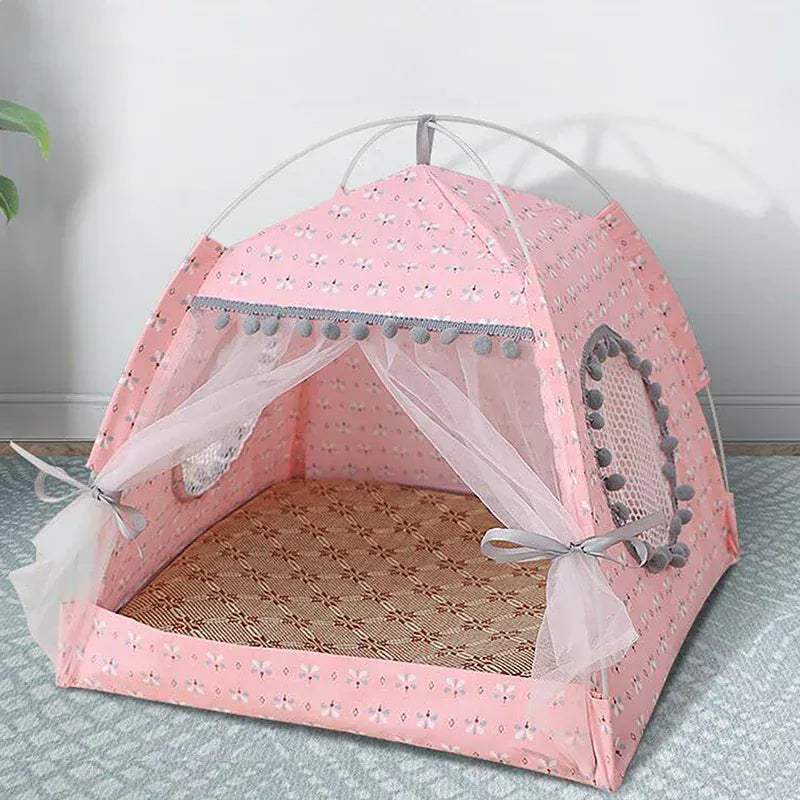 Foldable Cat Tent Bed - Flower Pattern Pet House Kennel Cushion Princess Design