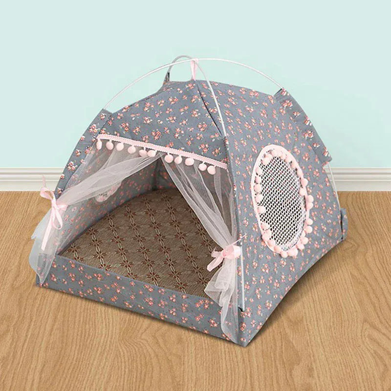 Foldable Cat Tent Bed - Flower Pattern Pet House Kennel Cushion Princess Design