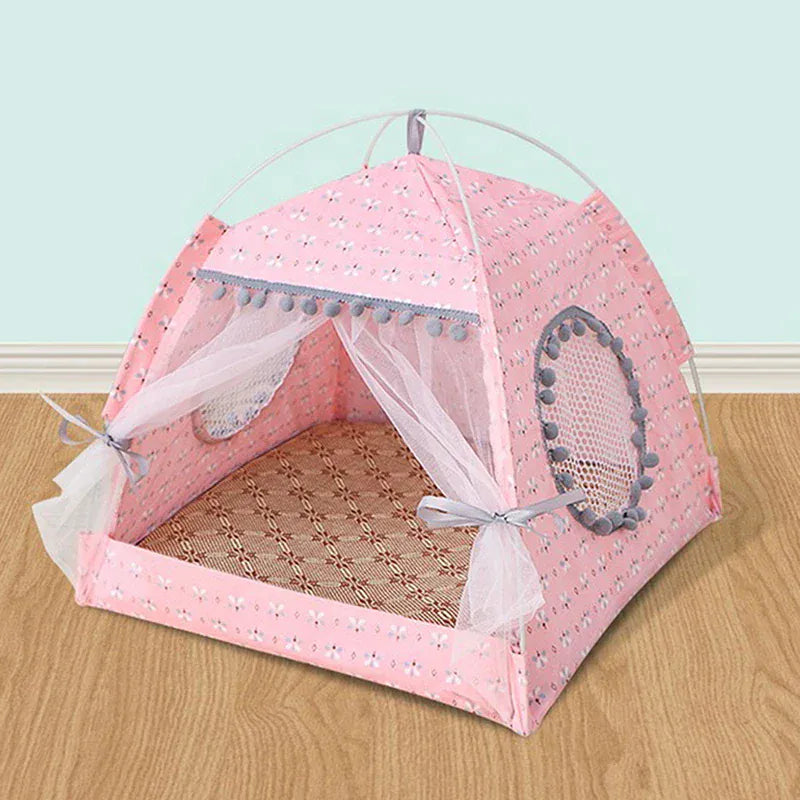 Foldable Cat Tent Bed - Flower Pattern Pet House Kennel Cushion Princess Design