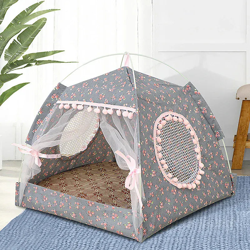 Foldable Cat Tent Bed - Flower Pattern Pet House Kennel Cushion Princess Design
