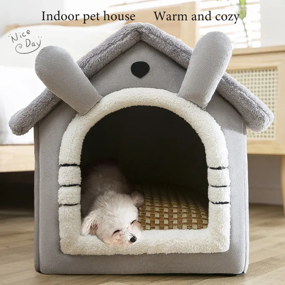 Foldable Pet House - Winter Warm Dog Bed & Cat Kennel with Removable Mattress, Arctic Velvet Folding Cabin for Small Medium Dogs & Cats