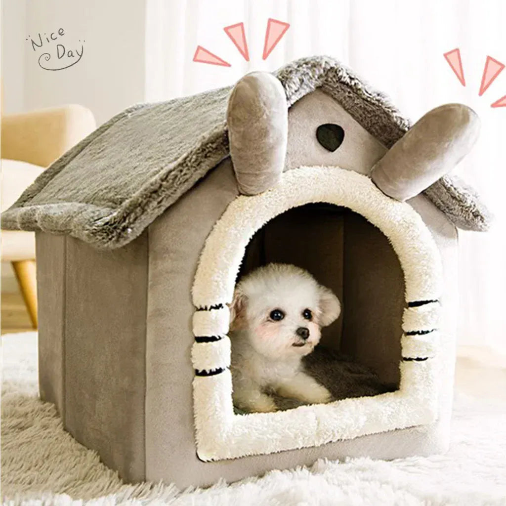 Foldable Pet House - Winter Warm Dog Bed & Cat Kennel with Removable Mattress, Arctic Velvet Folding Cabin for Small Medium Dogs & Cats
