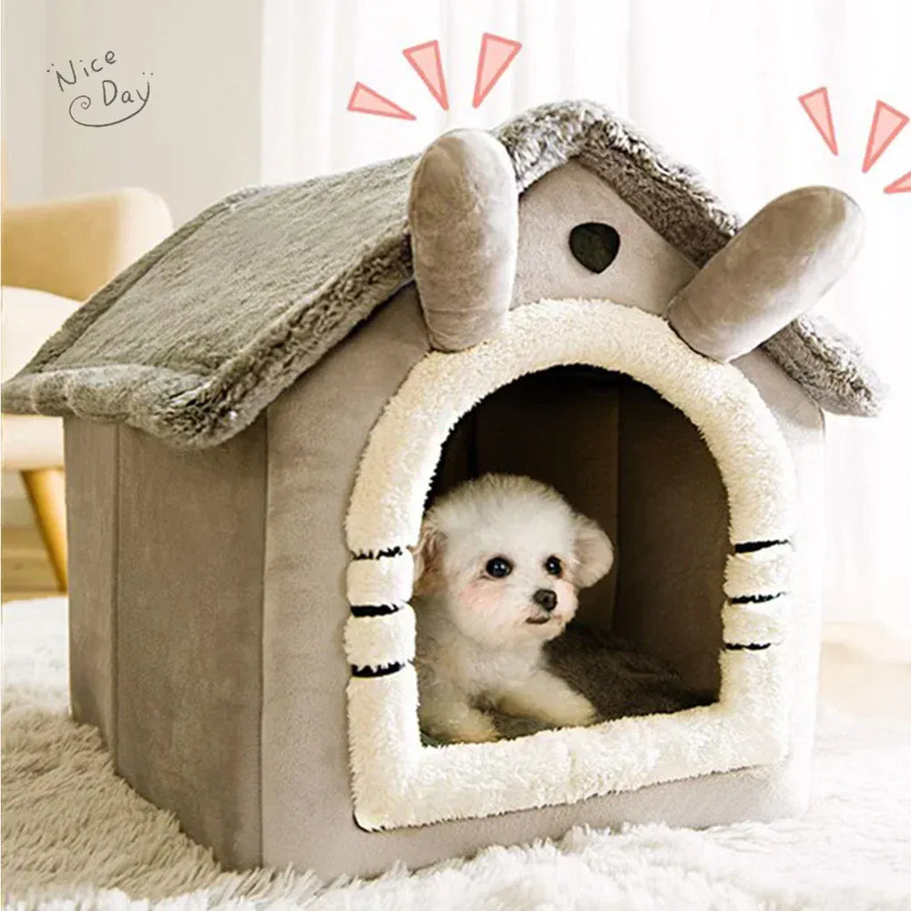 Foldable Pet House - Winter Warm Dog Bed & Cat Kennel with Removable Mattress, Arctic Velvet Folding Cabin for Small Medium Dogs & Cats