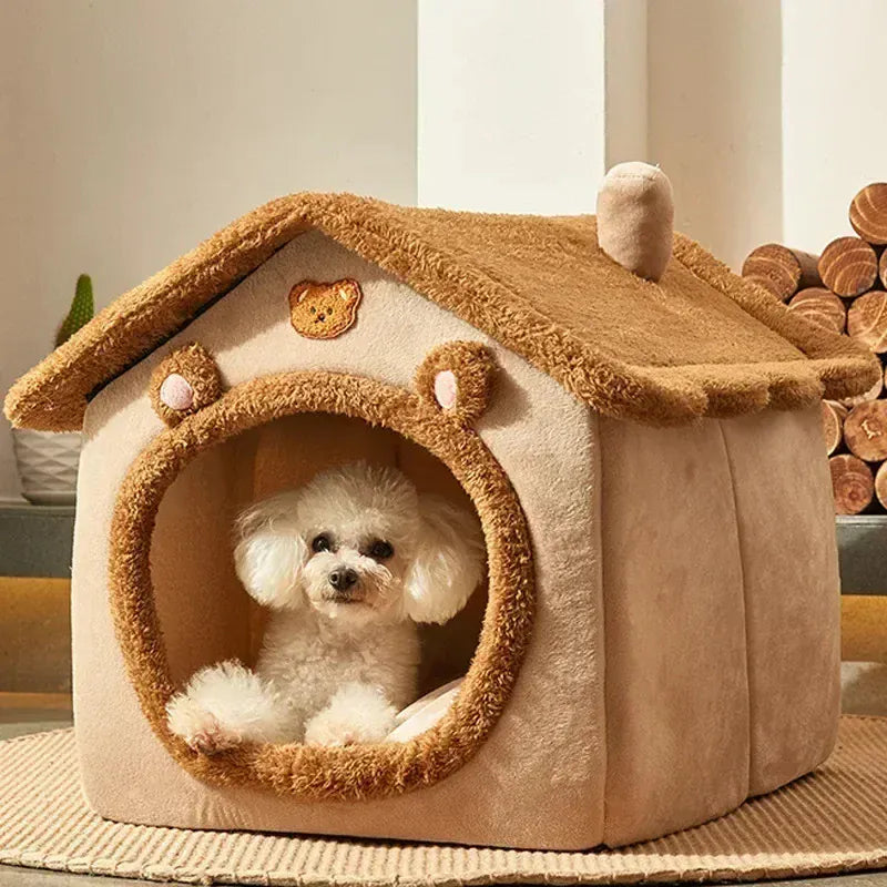 Foldable Pet House - Winter Warm Dog Bed & Cat Kennel with Removable Mattress, Arctic Velvet Folding Cabin for Small Medium Dogs & Cats