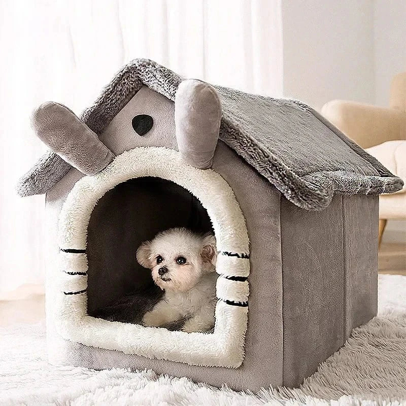 Foldable Pet House - Winter Warm Dog Bed & Cat Kennel with Removable Mattress, Arctic Velvet Folding Cabin for Small Medium Dogs & Cats