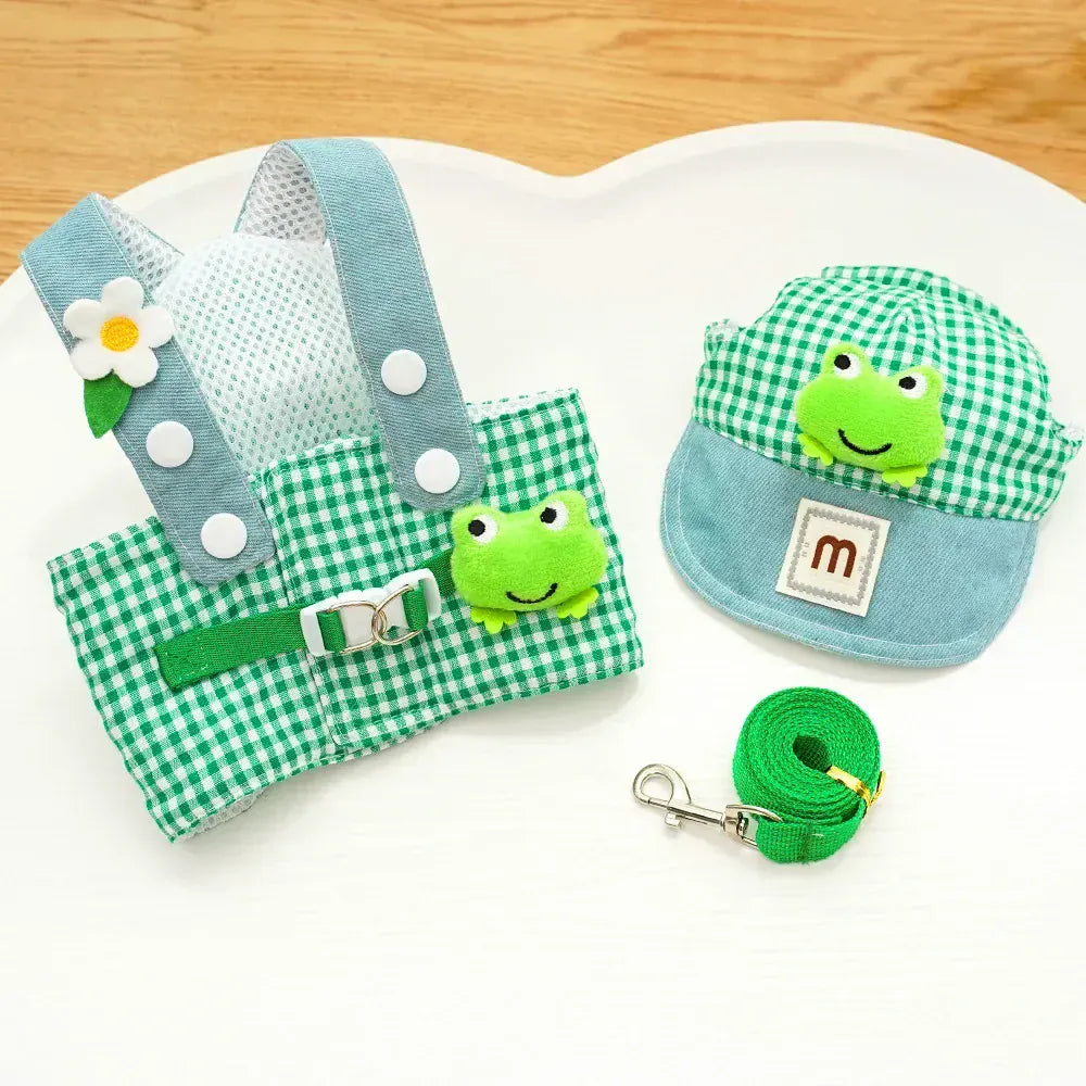 Frog Green Plaid Pet Three-Piece Set - Stylish and Comfortable Outfit for Dogs Includes Hat, Vest, and Pants,Dog Outfit