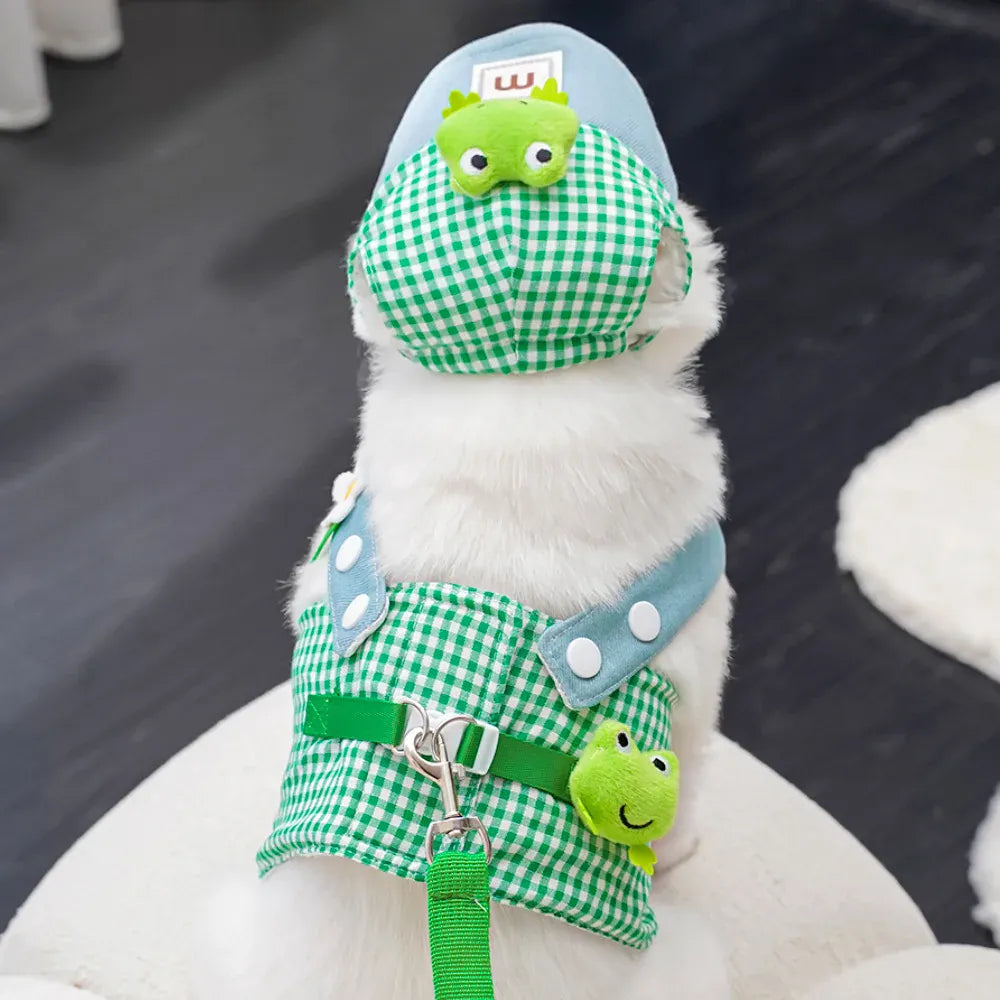 Frog Green Plaid Pet Three-Piece Set - Stylish and Comfortable Outfit for Dogs Includes Hat, Vest, and Pants,Dog Outfit