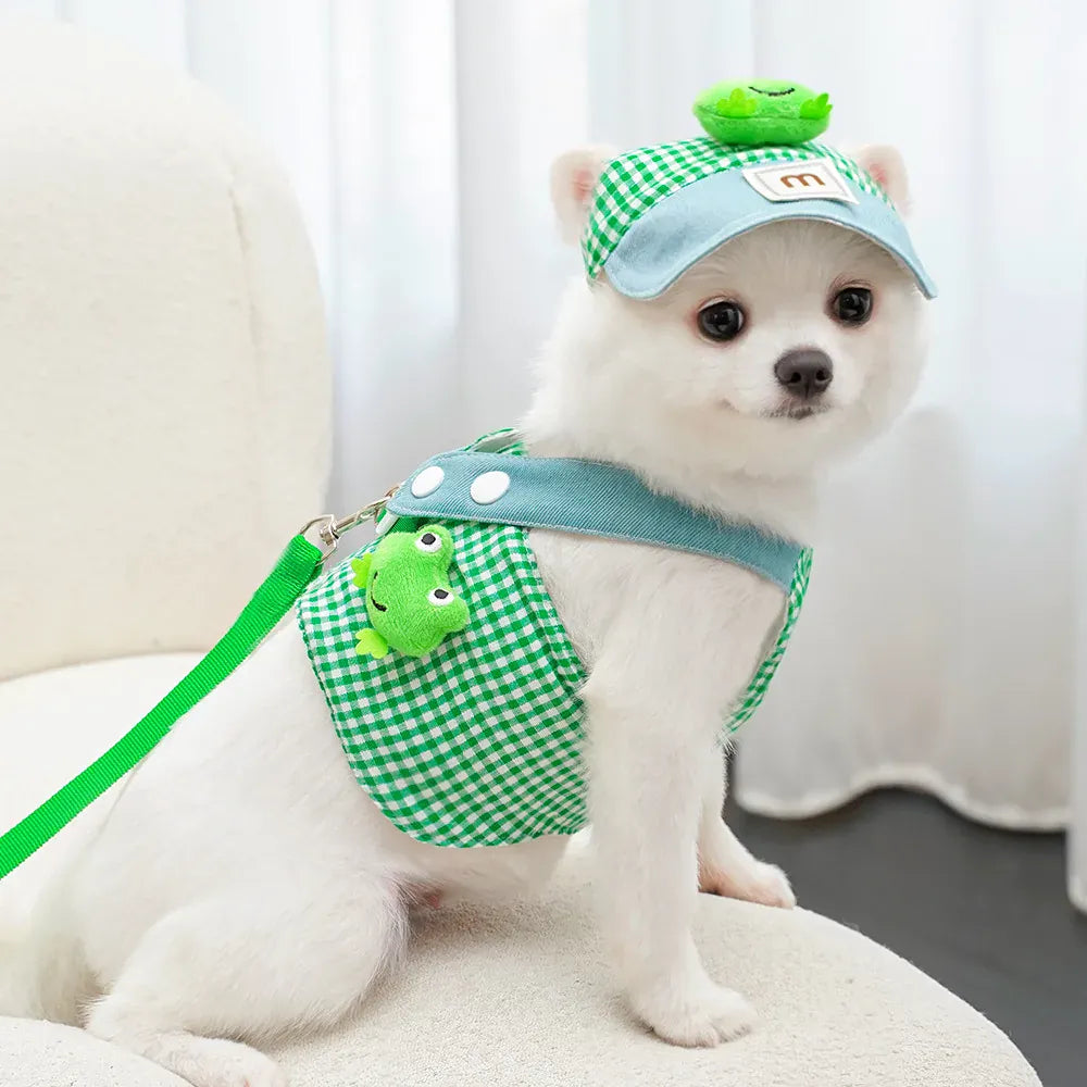 Frog Green Plaid Pet Three-Piece Set - Stylish and Comfortable Outfit for Dogs Includes Hat, Vest, and Pants,Dog Outfit