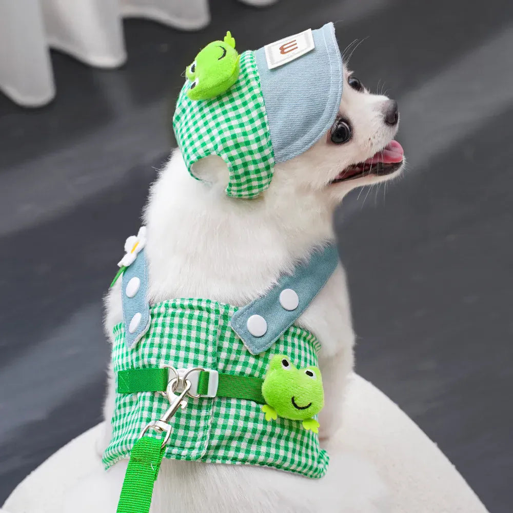 Frog Green Plaid Pet Three-Piece Set - Stylish and Comfortable Outfit for Dogs Includes Hat, Vest, and Pants,Dog Outfit