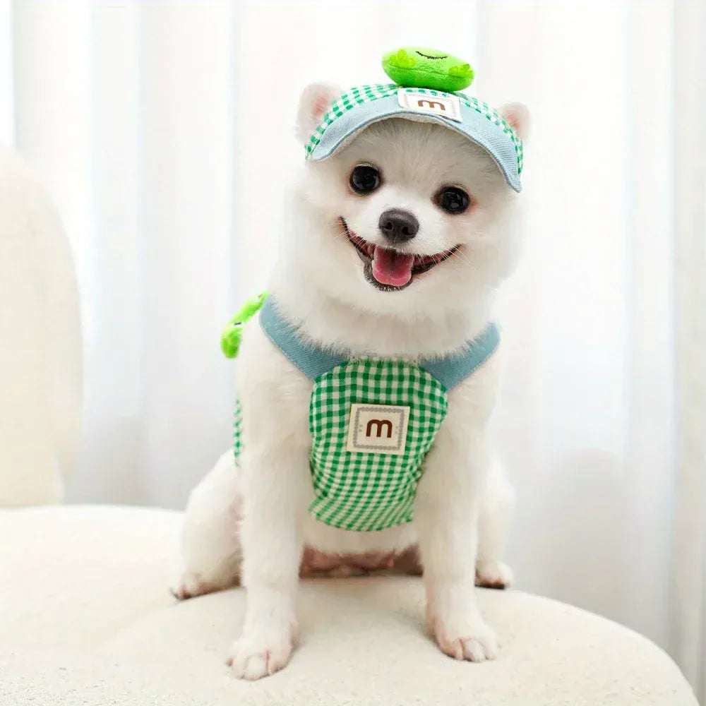 Frog Green Plaid Pet Three-Piece Set - Stylish and Comfortable Outfit for Dogs Includes Hat, Vest, and Pants,Dog Outfit