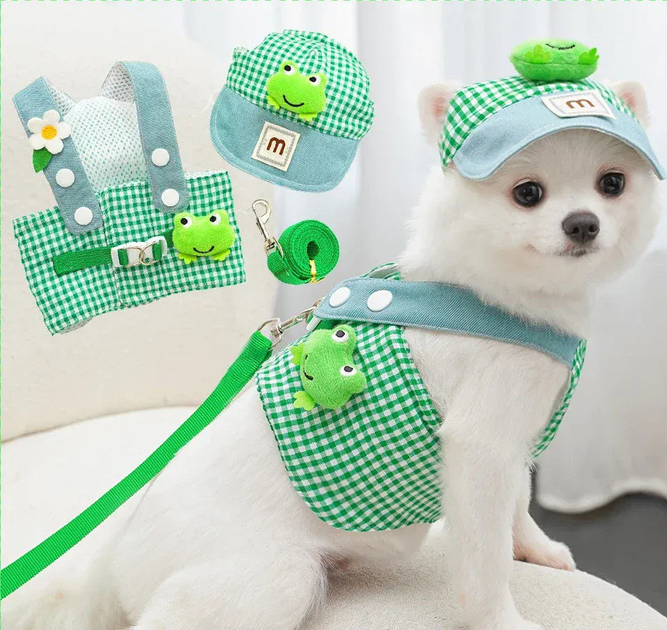 Frog Green Plaid Pet Three-Piece Set - Stylish and Comfortable Outfit for Dogs Includes Hat, Vest, and Pants,Dog Outfit