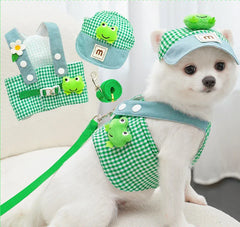 Frog Green Plaid Pet Three-Piece Set - Stylish and Comfortable Outfit for Dogs Includes Hat, Vest, and Pants,Dog Outfit