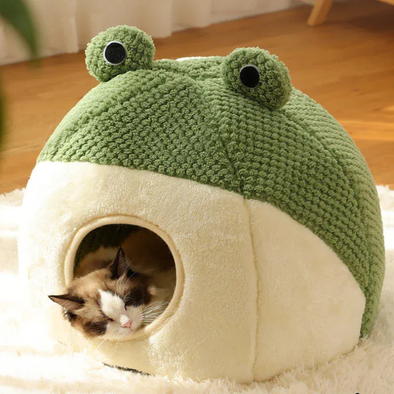 Frog Pet Nest - Winter Warm Plush Cat Bed & Small Dog House, Semi-Enclosed Puppy Villa with Removable Cushion, Anti-Slip Bottom