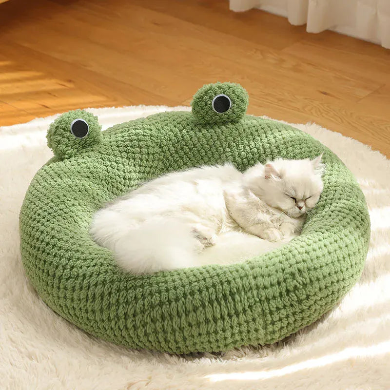 Frog Pet Nest - Winter Warm Plush Cat Bed & Small Dog House, Semi-Enclosed Puppy Villa with Removable Cushion, Anti-Slip Bottom