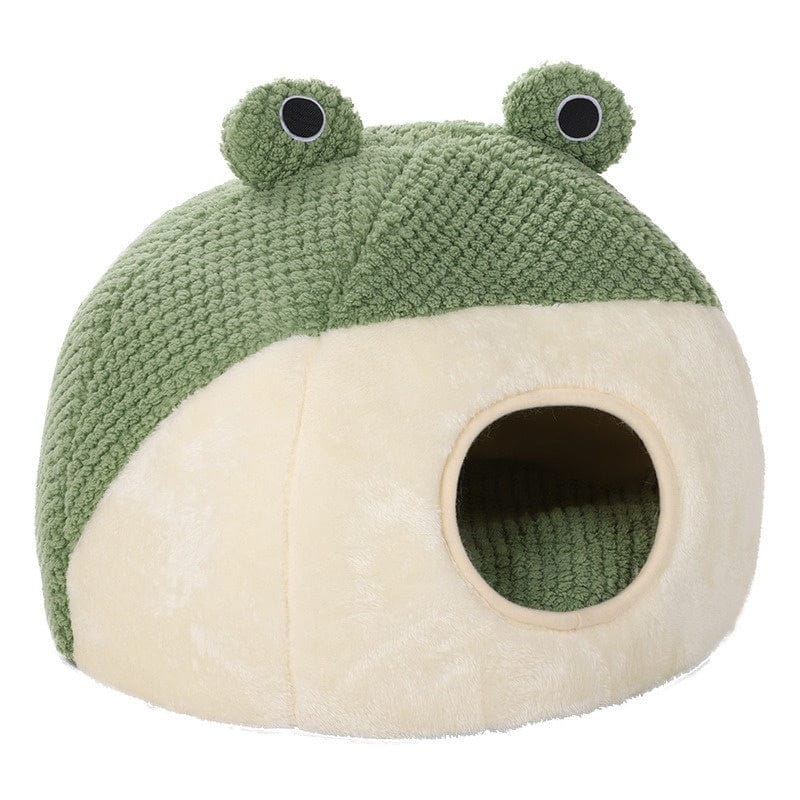 Frog Pet Nest - Winter Warm Plush Cat Bed & Small Dog House, Semi-Enclosed Puppy Villa with Removable Cushion, Anti-Slip Bottom