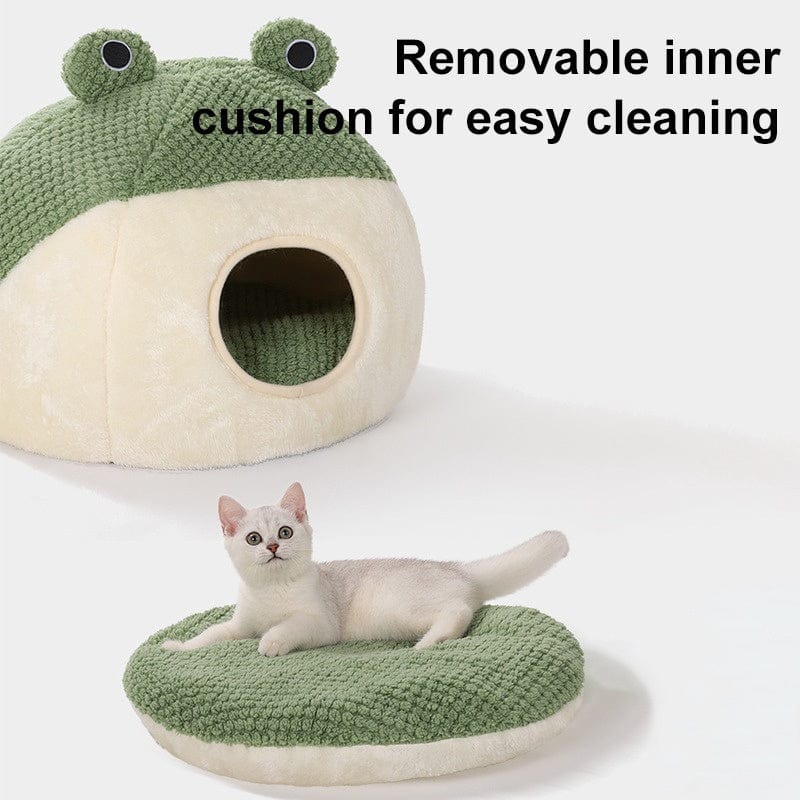 Frog Pet Nest - Winter Warm Plush Cat Bed & Small Dog House, Semi-Enclosed Puppy Villa with Removable Cushion, Anti-Slip Bottom