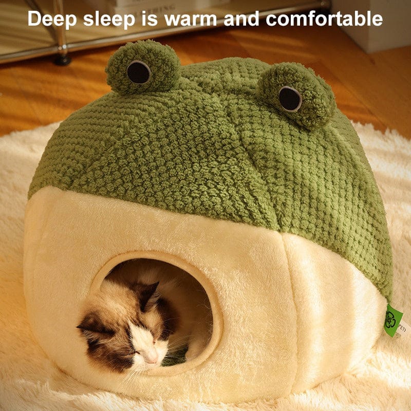 Frog Pet Nest - Winter Warm Plush Cat Bed & Small Dog House, Semi-Enclosed Puppy Villa with Removable Cushion, Anti-Slip Bottom