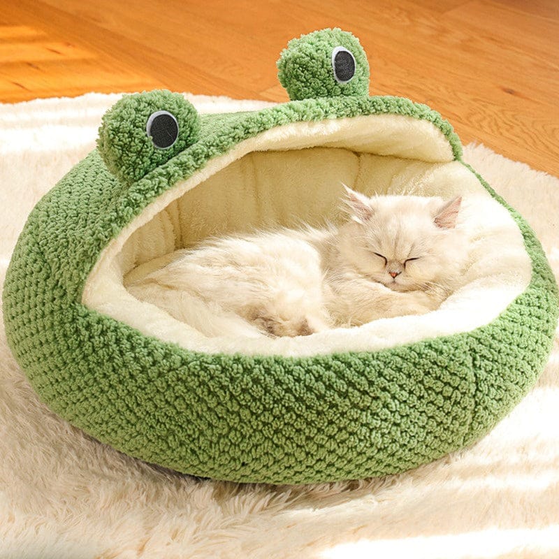 Frog Pet Nest - Winter Warm Plush Cat Bed & Small Dog House, Semi-Enclosed Puppy Villa with Removable Cushion, Anti-Slip Bottom